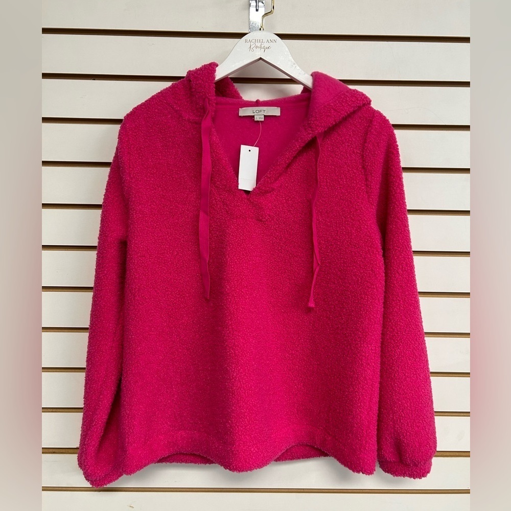 LOFT Faux Sherpa Hoodie Sweater - Fuchsia Pink Size Small Soft Pull Over NWT